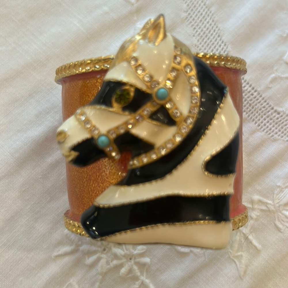 Signed YOSCA zebra jeweled enameled cuff bracelet Neiman Marcus